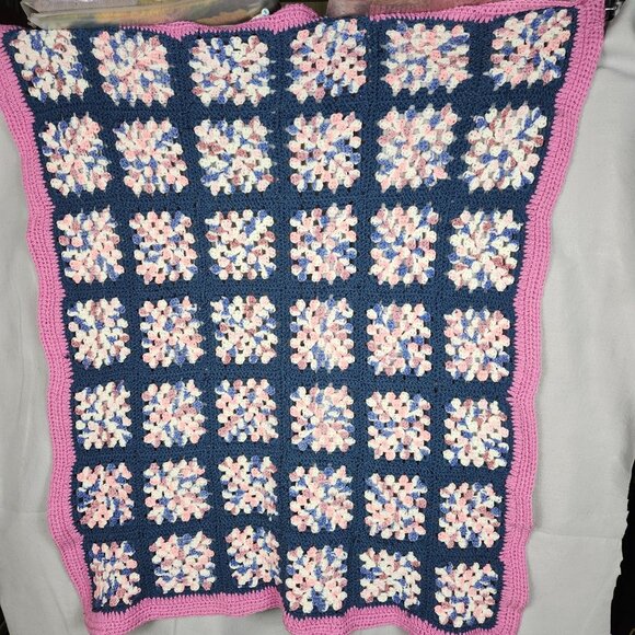 Handmade Crochet Granny Square Throw Blanket 45"x39" Pink/Blue/White Yarn - Picture 1 of 6